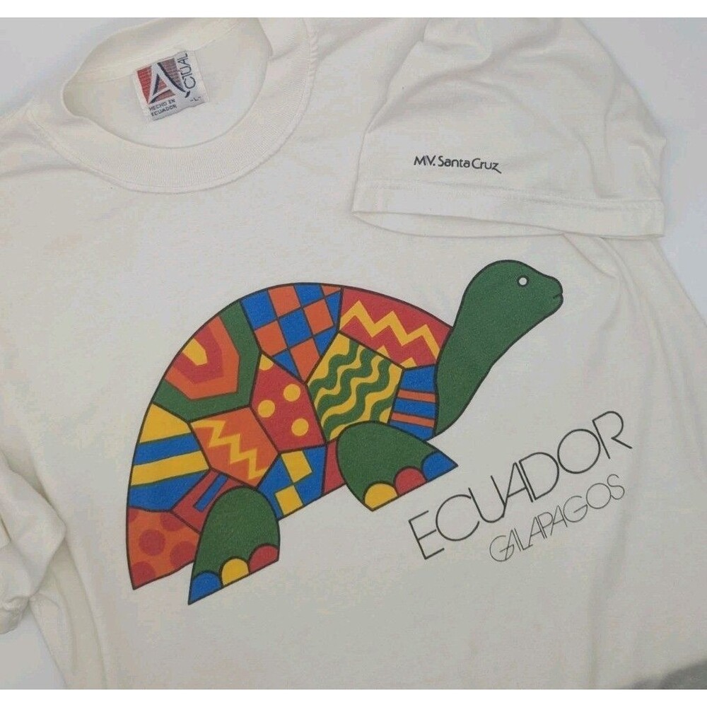 Vtg 90s MV Santa Cruz Galapagos Cruise Ship T Shirt Geometric Tortoise Large L